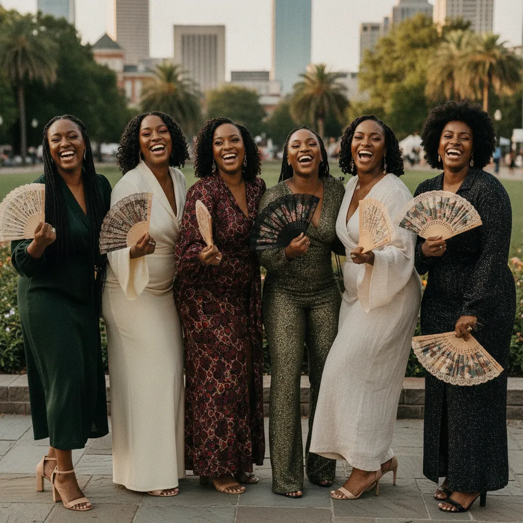 A group of stylish Black women, elegantly dressed, laughing and posing together at an outdoor event in Atlanta, their makeup perfectly applied and glowing in the afternoon sun