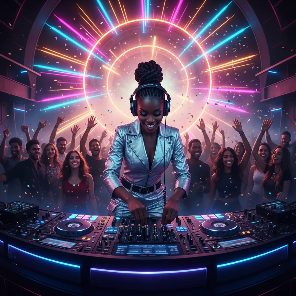 A dynamic African American female DJ confidently mixing tracks on a state-of-the-art console, surrounded by vibrant light effects
