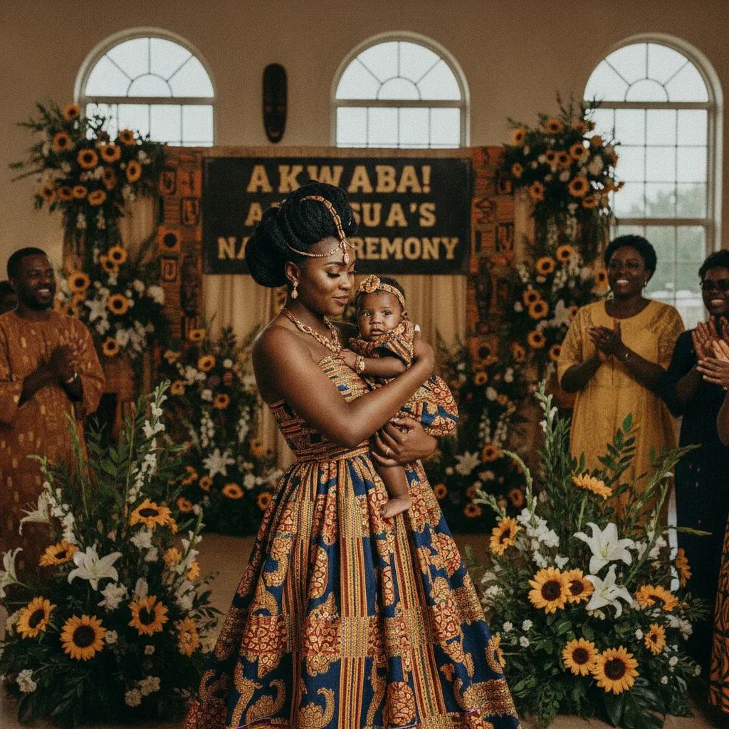 An African American mother, elegantly dressed in a vibrant traditional outfit