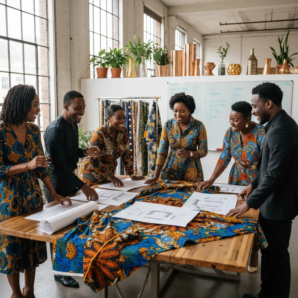 A group of African American event planners and a decorator reviewing Ankara fabric swatches and design sketches at a brightly lit studio