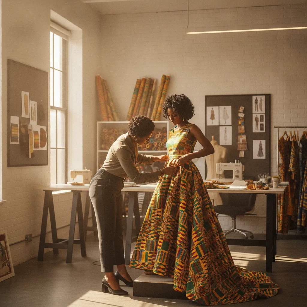 A Black fashion designer in her bright, organized Atlanta studio carefully pinning a vibrant Kente-inspired gown on an African American client during a final fitting. Sunlight streams through a window.