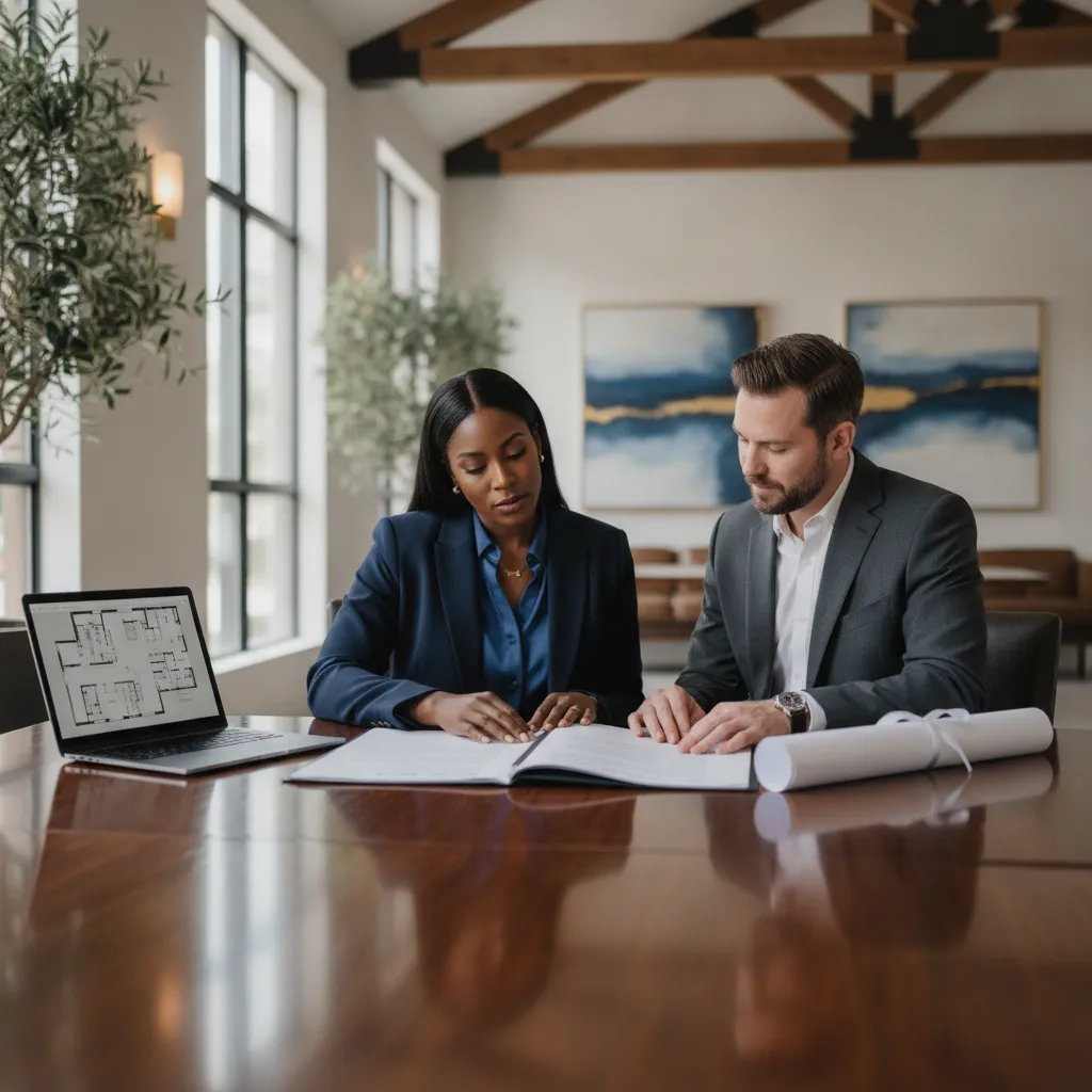 A Black event planner, dressed professionally, is reviewing a contract with a banquet hall manager