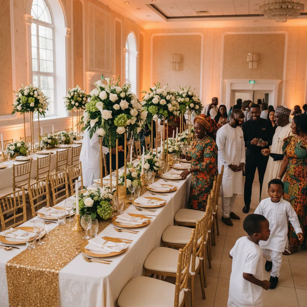 Featuring long tables with gold sequin runners, elaborate floral centerpieces in white and emerald green