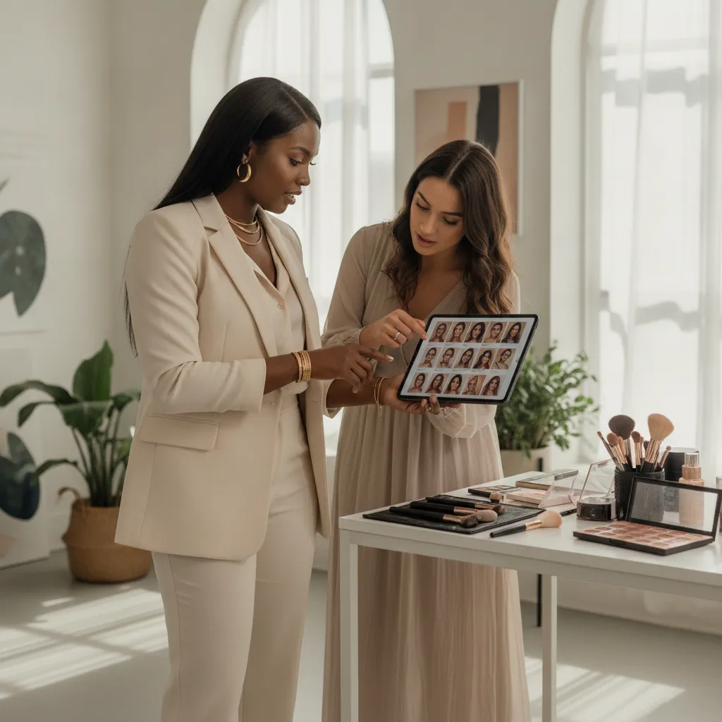 A Black woman event planner in a chic, professional outfit discusses makeup options with a client, showing a tablet with different looks in a modern studio setting