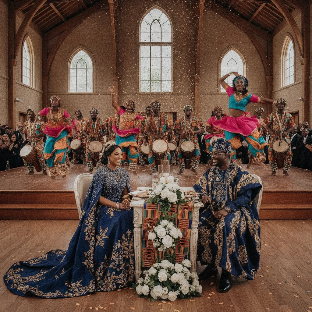 A Black couple in elegant traditional African wedding attire smiling and watching a vibrant group of West African drummers and dancers