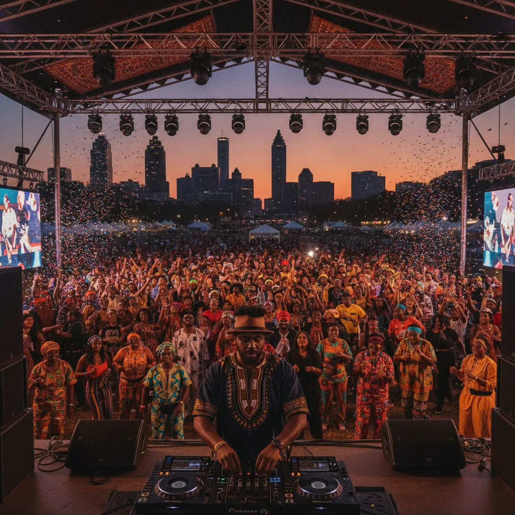 A vibrant outdoor event in Atlanta, Georgia, with a Black DJ on stage under a canopy, spinning Afrobeats music