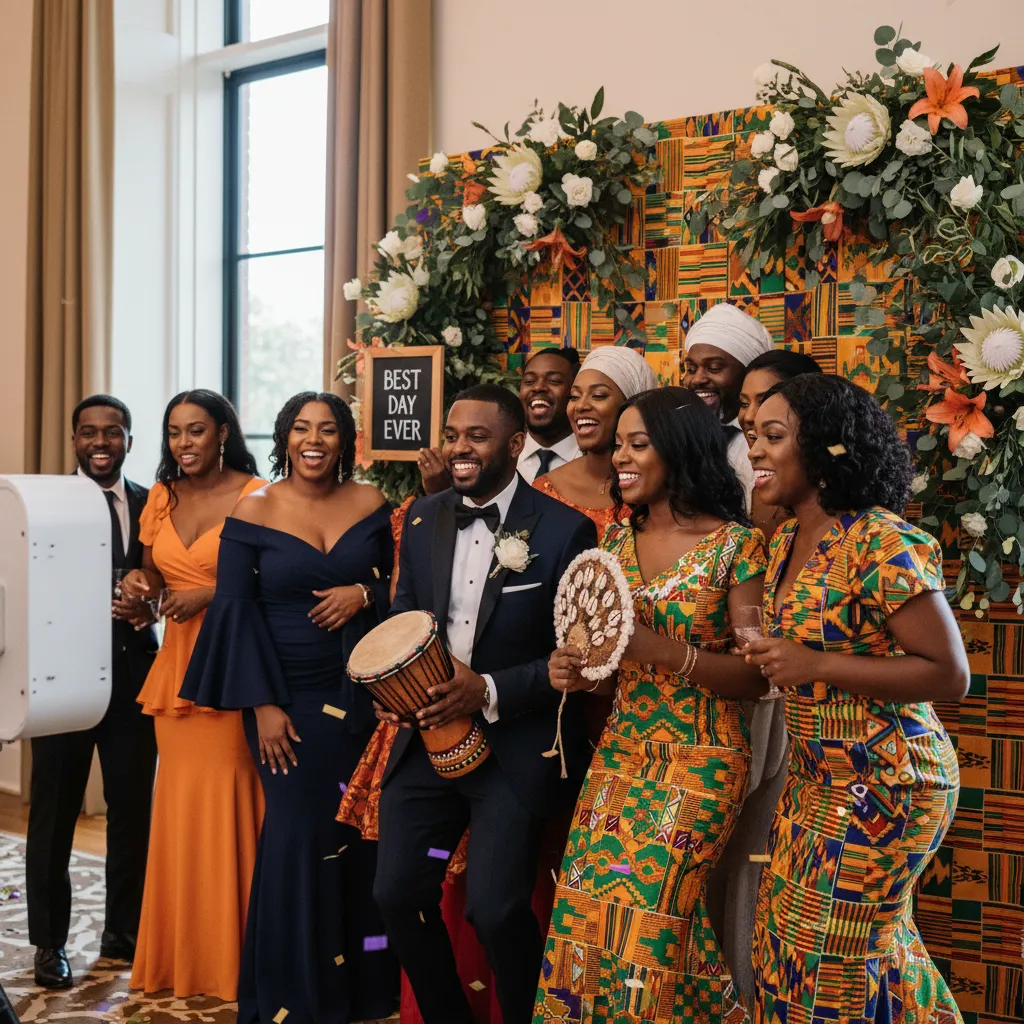 A vibrant photo booth at an African American wedding reception, with guests posing in front of a backdrop featuring intricate Kente cloth patterns and modern floral arrangements. They are laughing and holding culturally relevant props like a small djembe drum and an ornate fan.