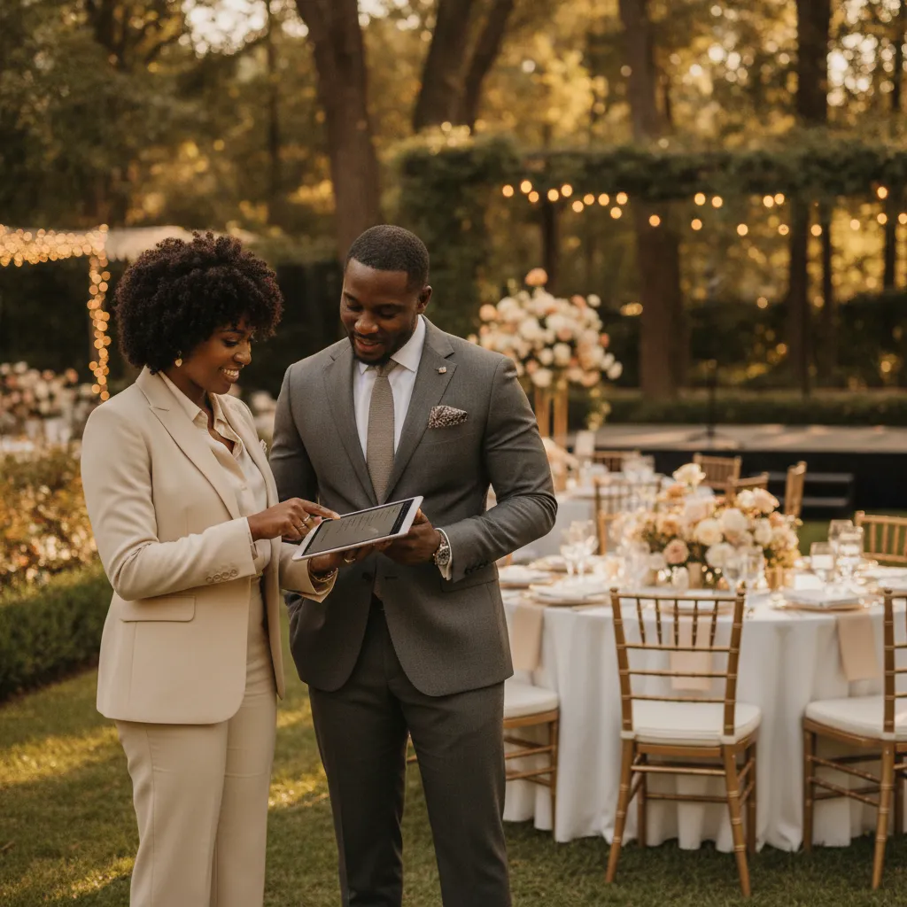 An African American female event planner in Atlanta, dressed professionally, consulting with a Black male MC at a beautifully set up outdoor reception area, reviewing a timeline on a tablet