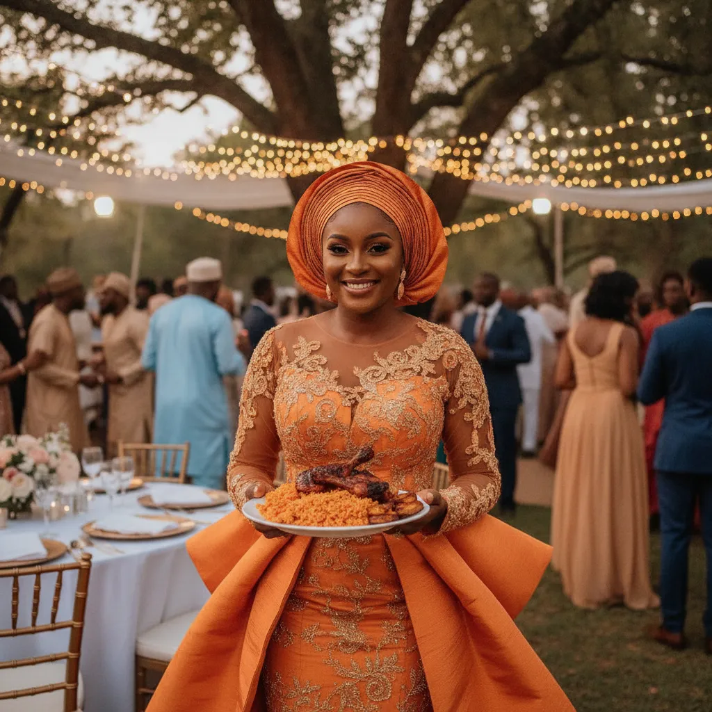An elegant Black woman, dressed in a vibrant orange Aso Ebi gown, smiles gracefully as she holds a plate of beautifully presented Jollof rice and grilled plantains