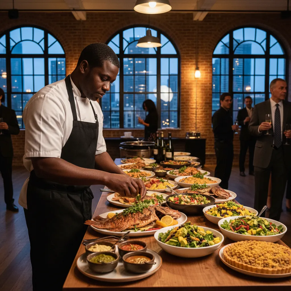 A professional African American chef meticulously arranging colorful Caribbean dishes like roasted fish, vibrant salads