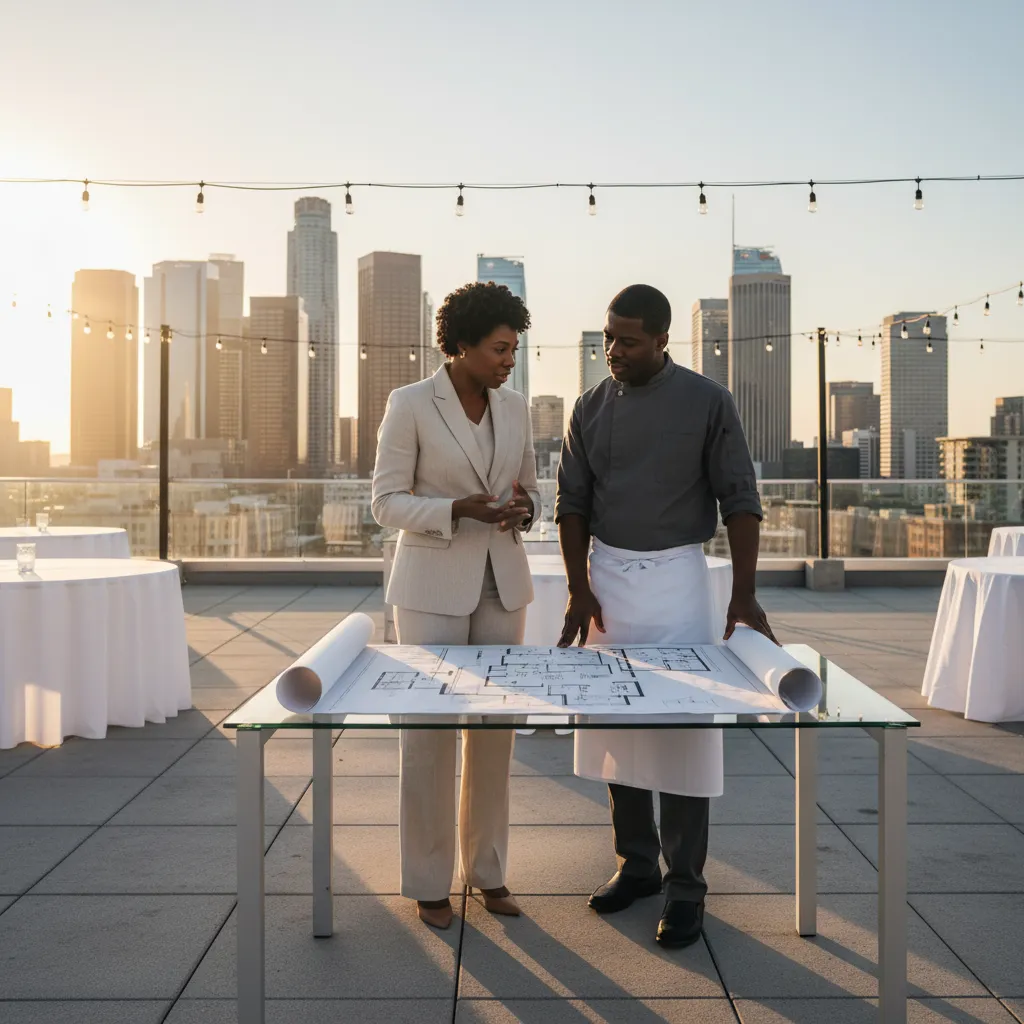 An African American event planner on a rooftop venue in downtown Los Angeles, discussing logistics with a Black catering manager