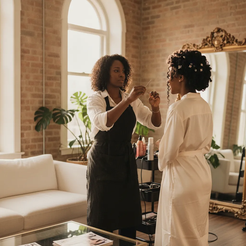 An African American hair stylist meticulously styling a bride's intricate natural hair in a sunlit Atlanta studio