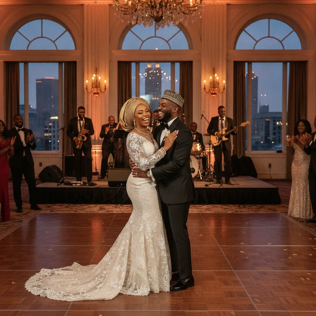 A stylish African American couple, dressed in traditional wedding attire, laughing joyfully on a dance floor as a live band plays in the background at an elegant Atlanta wedding venue