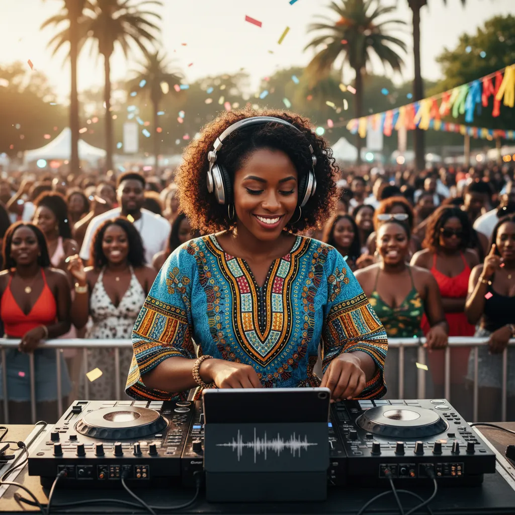 A Black female DJ in her late 20s, wearing stylish headphones and a vibrant Ankara print top