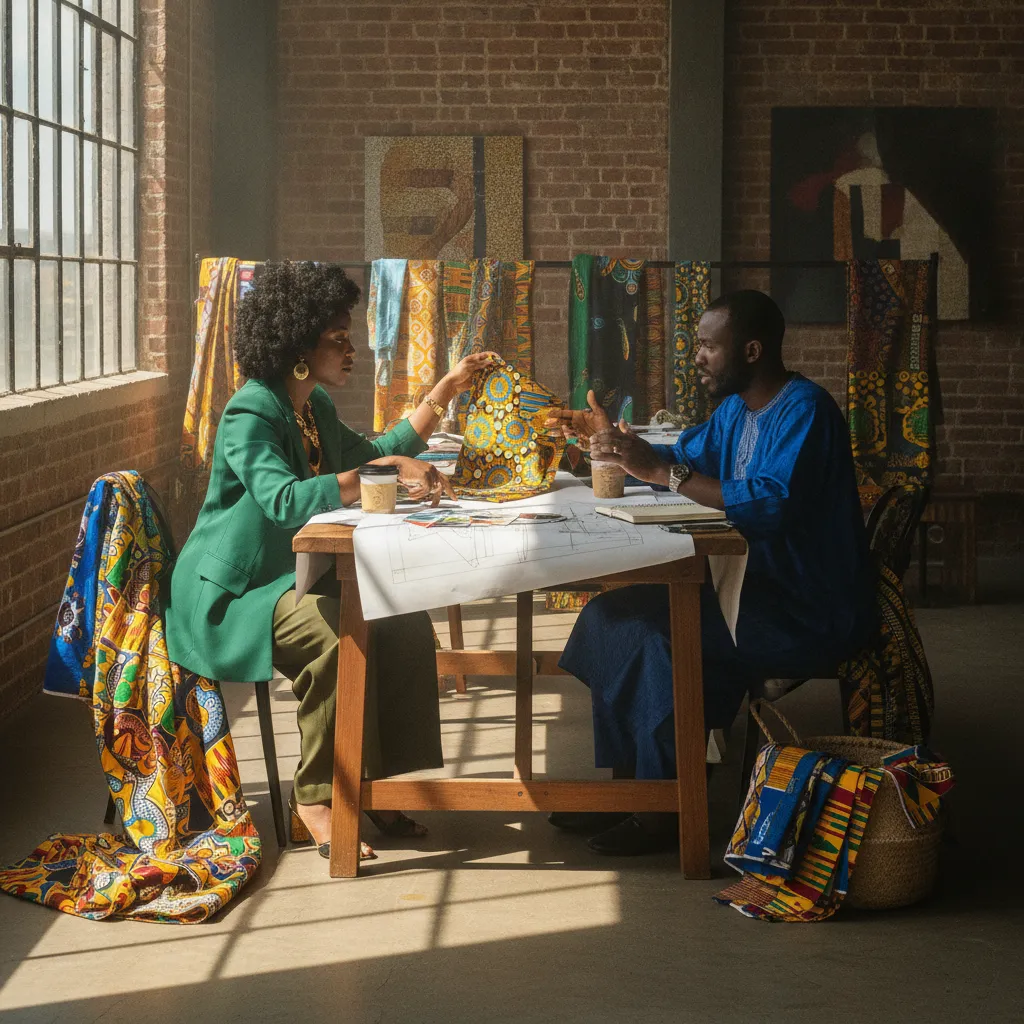 A Black woman event planner in a stylish but practical blazer and slacks reviews fabric swatches and design sketches with an African fashion designer in a well-lit studio