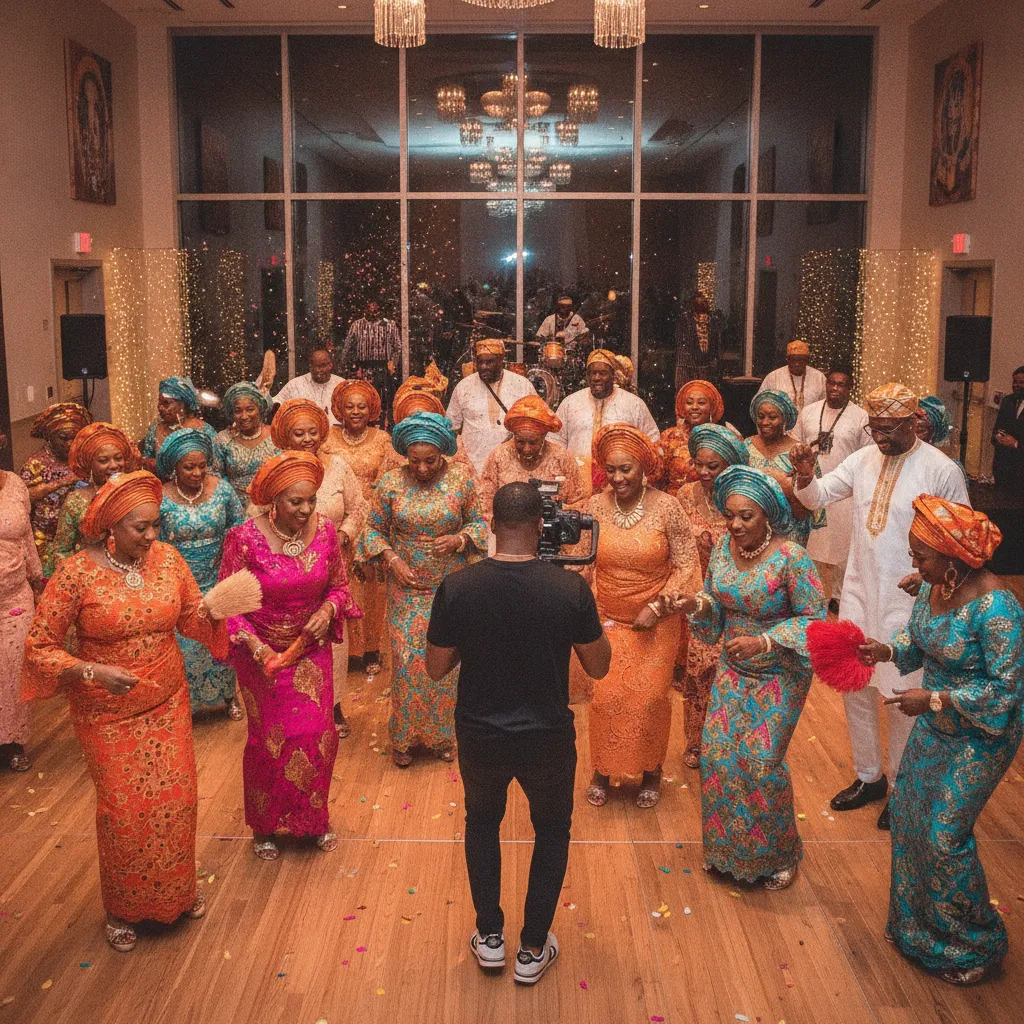 A diverse group of African American family members, dressed in vibrant aso-ebi attire, dancing and celebrating at an indoor event space in Midtown Atlanta. A videographer is capturing the joyous scene with a professional camera on a gimbal.
