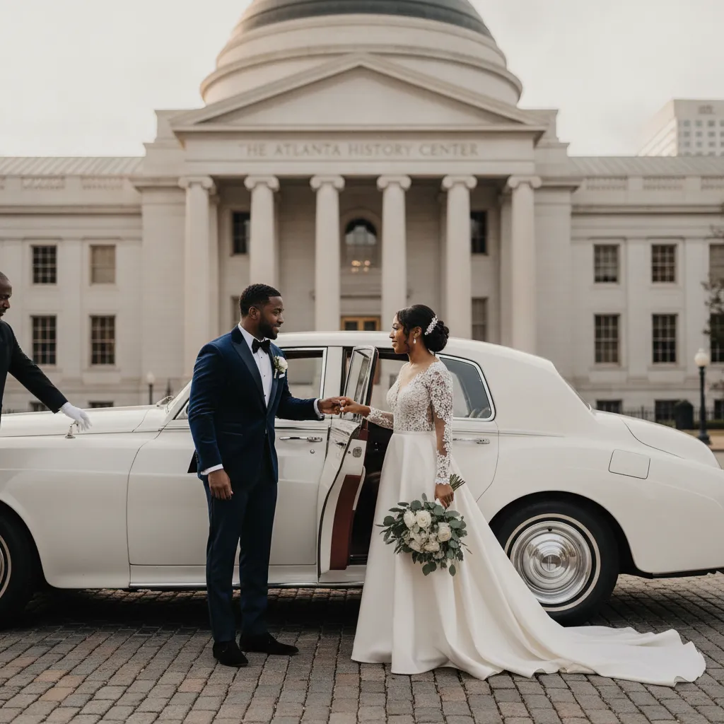 A stylish Black couple in wedding attire stepping out of a vintage white Rolls-Royce, with a chauffeur holding the door open