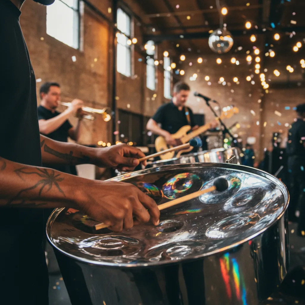 Reflecting vibrant stage lights. The background is blurred, showing other band members and a festive, dimly lit event space in New York