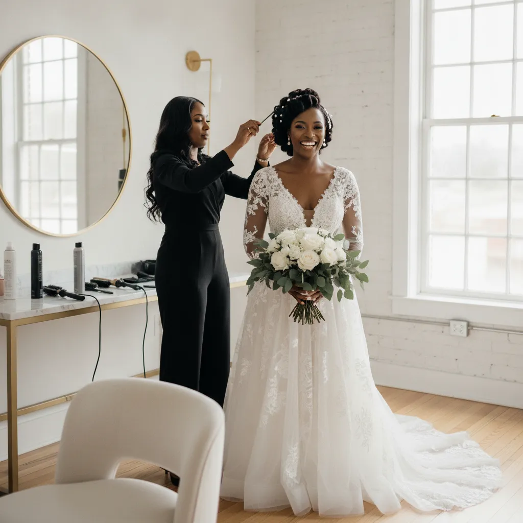 A Black bride with an elegant updo, wearing a white wedding gown, smiling as a Black hair stylist makes a final adjustment to her hair with a comb, in a bright, modern bridal suite