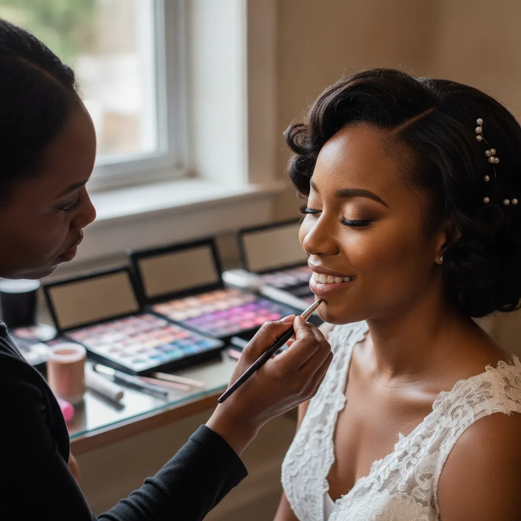 A vibrant, her eyes closed slightly as a Black makeup artist applies a final touch of lip gloss