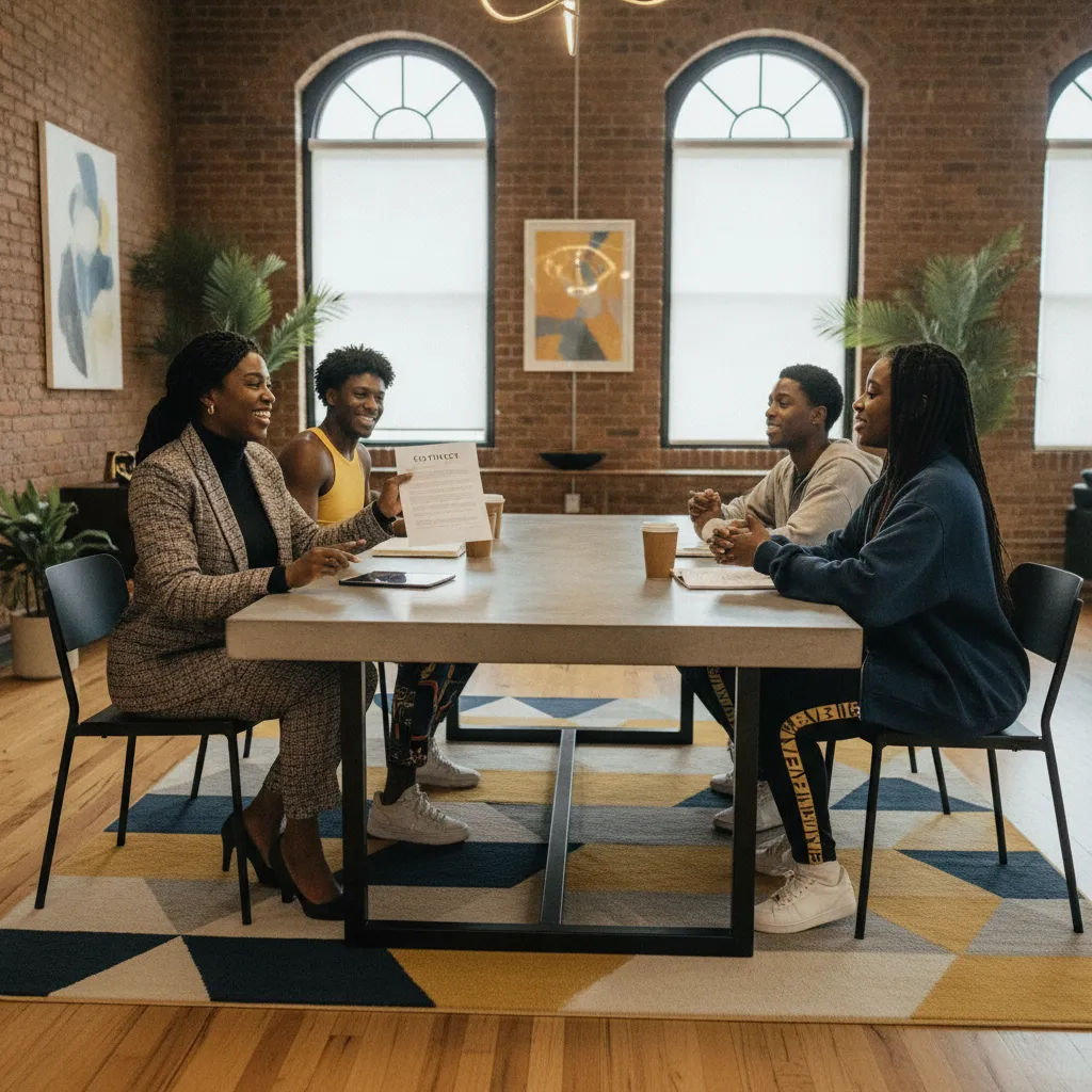A Black event planner in a stylish blazer reviews a contract with a group of Black cultural dancers in their practice clothes, seated around a table in a modern Atlanta event space