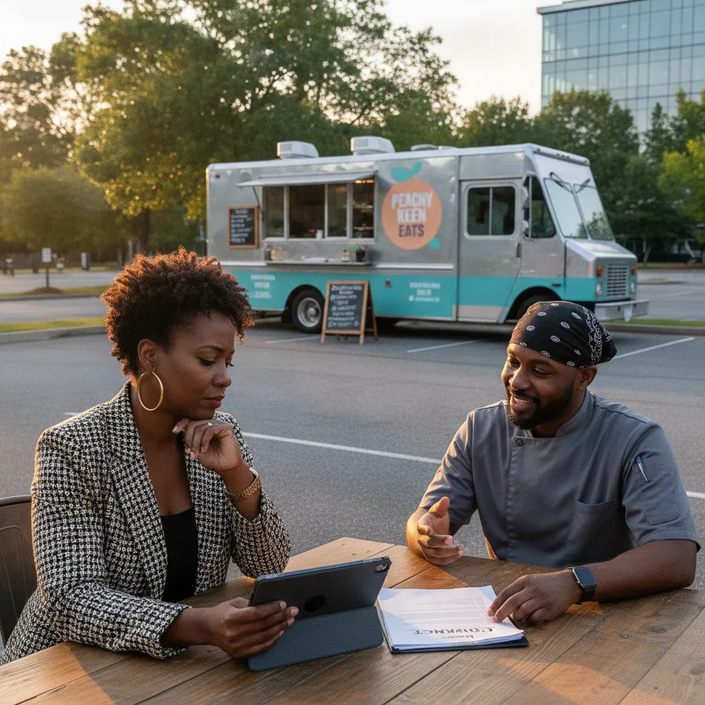 A Black event planner in Atlanta, looking thoughtful as she reviews a catering contract with a food truck owner