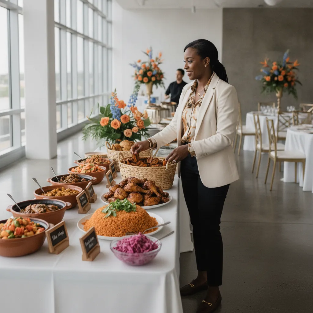 An elegant Black wedding planner, meticulously arranging a buffet table with vibrant African and Caribbean dishes like jollof rice, plantains, and jerk chicken