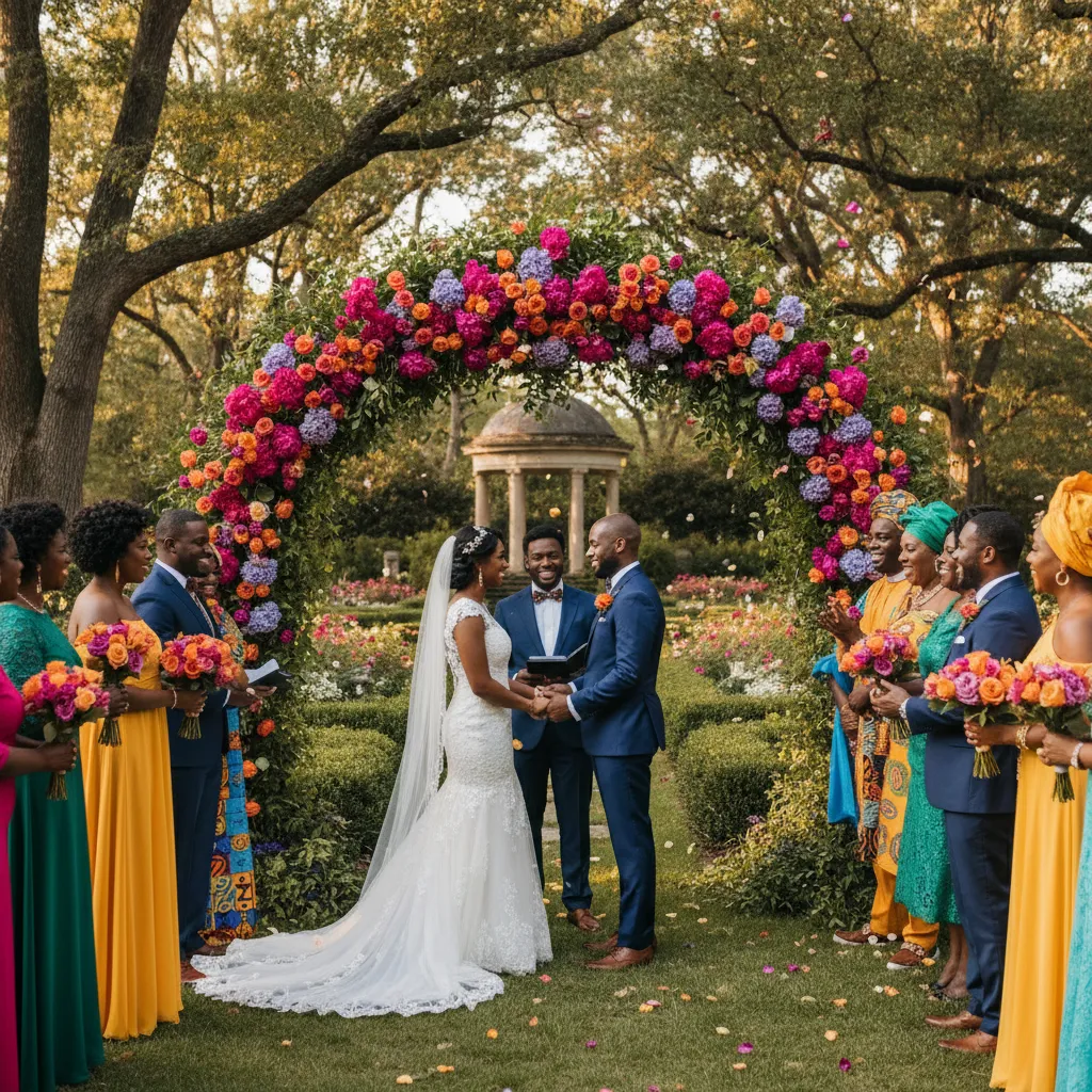 A vibrant outdoor wedding ceremony in a lush garden venue in Atlanta