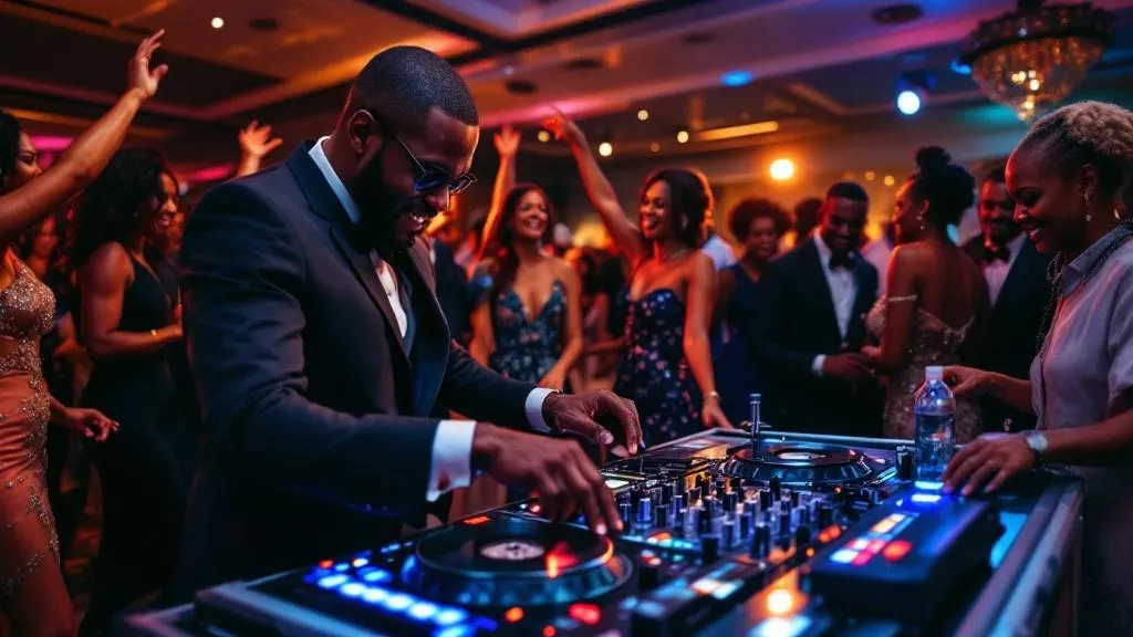 A lively scene of a Black DJ spinning records at a wedding reception in Atlanta, guests dancing joyfully in elegant attire.