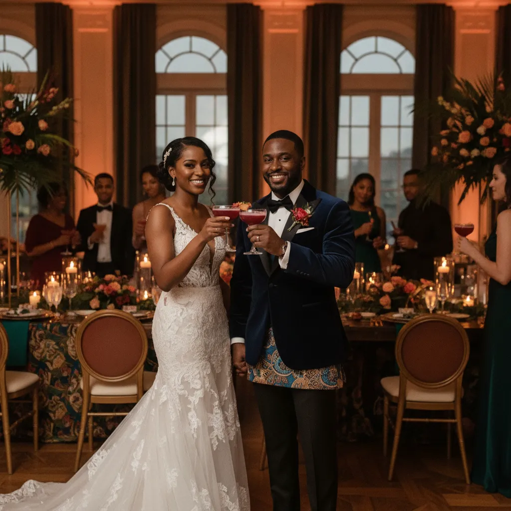 A Black couple in elegant wedding attire, smiling and clinking glasses of a vibrant, culturally inspired cocktail at a beautifully lit indoor wedding reception in an Atlanta venue