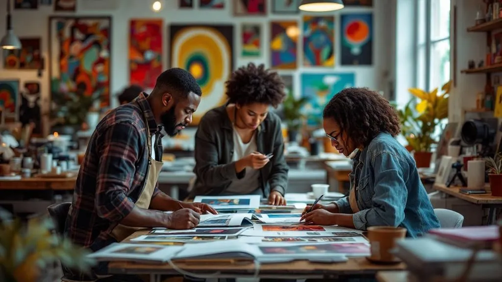 A Black-owned photography studio in New Orleans, with photographers reviewing prints in a creative workspace filled with colorful art.