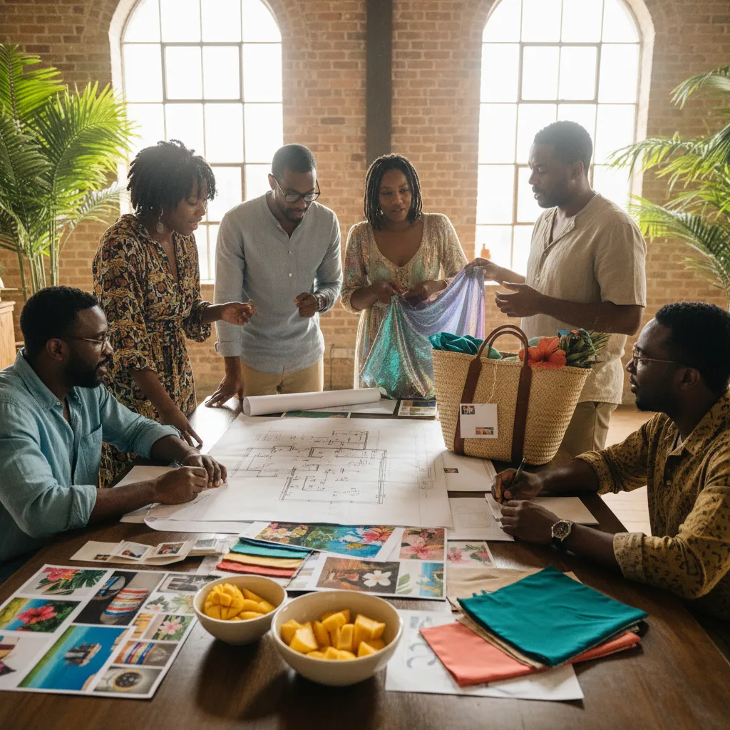 A diverse group of Black event planners and vendors in a lively discussion, reviewing blueprints for a large Caribbean-themed event