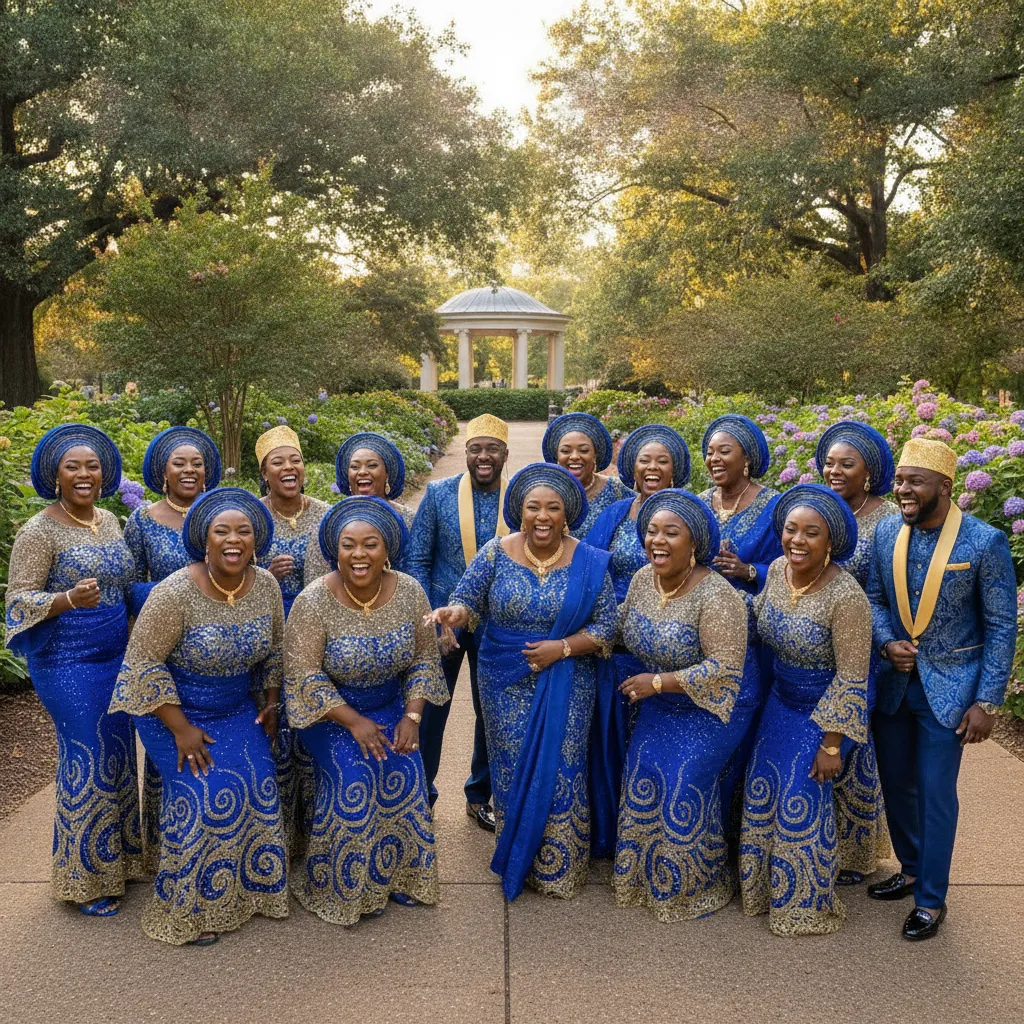 A group of elegantly dressed Black women and men, wearing coordinating aso-ebi outfits in vibrant blue and gold patterns