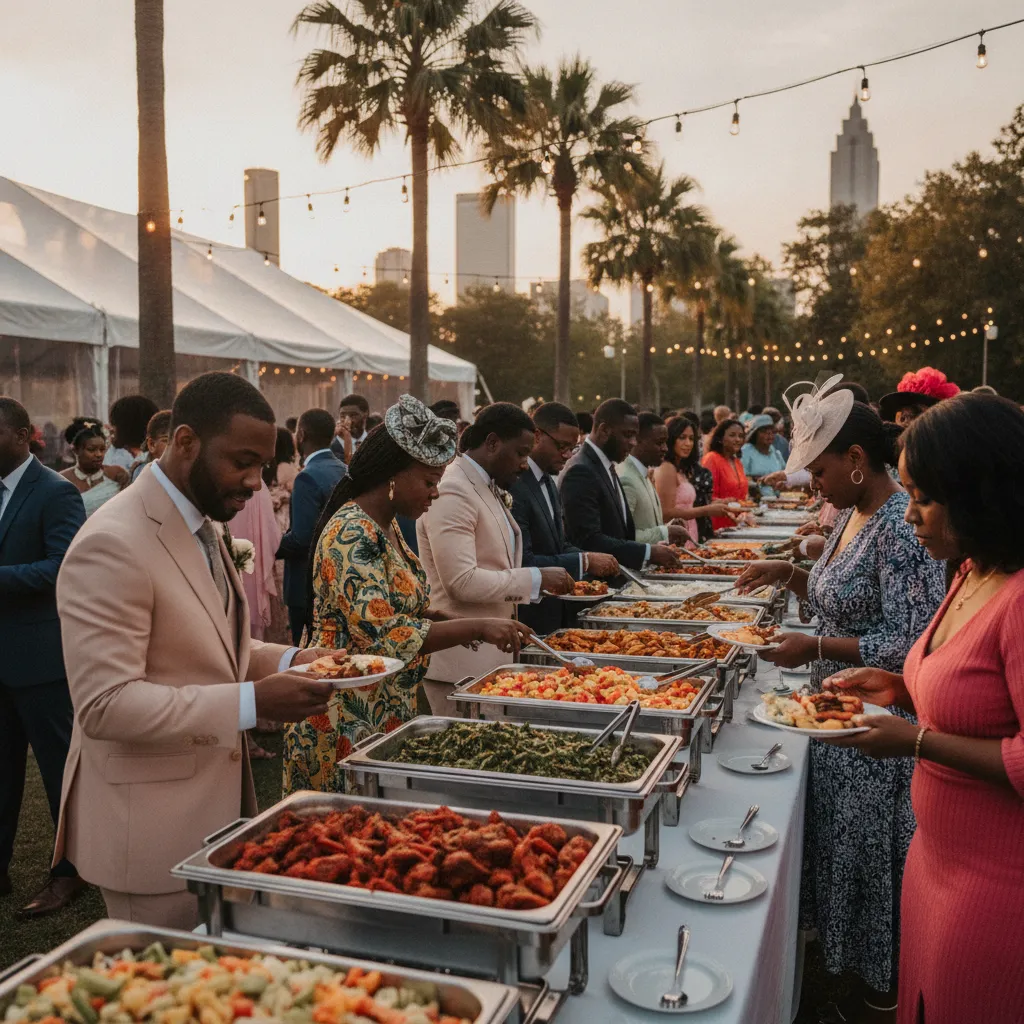 A vibrant outdoor wedding reception in Atlanta's Piedmont Park, featuring a buffet line with Black guests in elegant attire serving themselves from chafing dishes filled with colorful Caribbean food