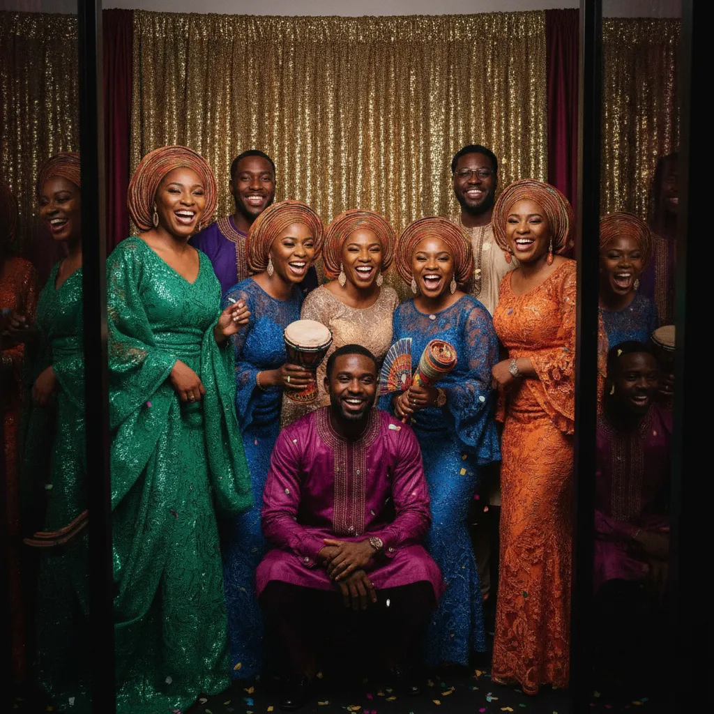 A group of elegantly dressed African American women and men in vibrant aso-ebi attire are joyfully posing inside a sleek, modern open-air photo booth at a wedding reception in Atlanta