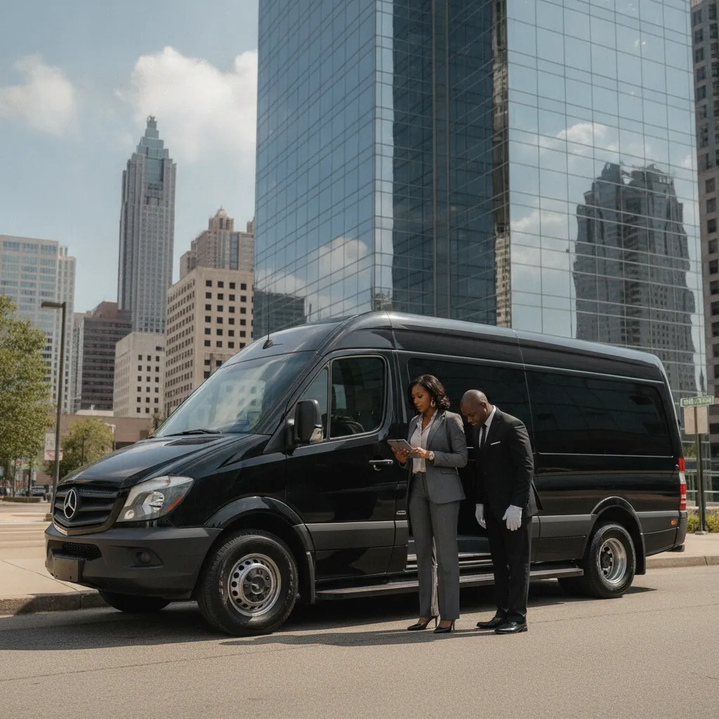 A sleek, black executive sprinter van is parked outside a modern glass-fronted corporate building in downtown Atlanta