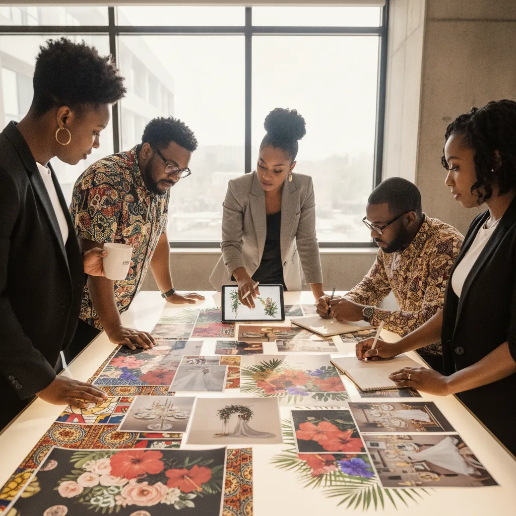 A diverse group of Black event planners in a modern, well-lit Atlanta co-working space