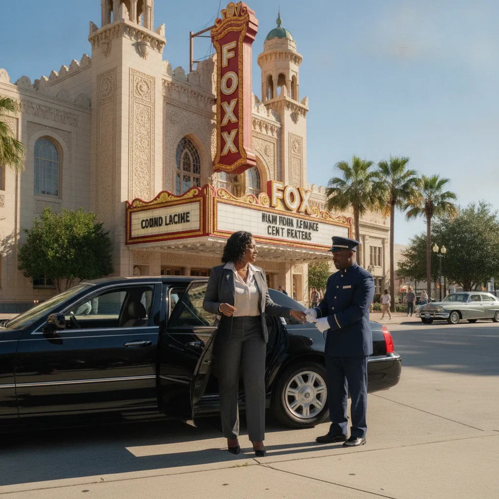 An elegant Black woman in a tailored business suit steps out of a gleaming black executive sedan, assisted by a professional Black chauffeur, in front of the Fox Theatre in Atlanta