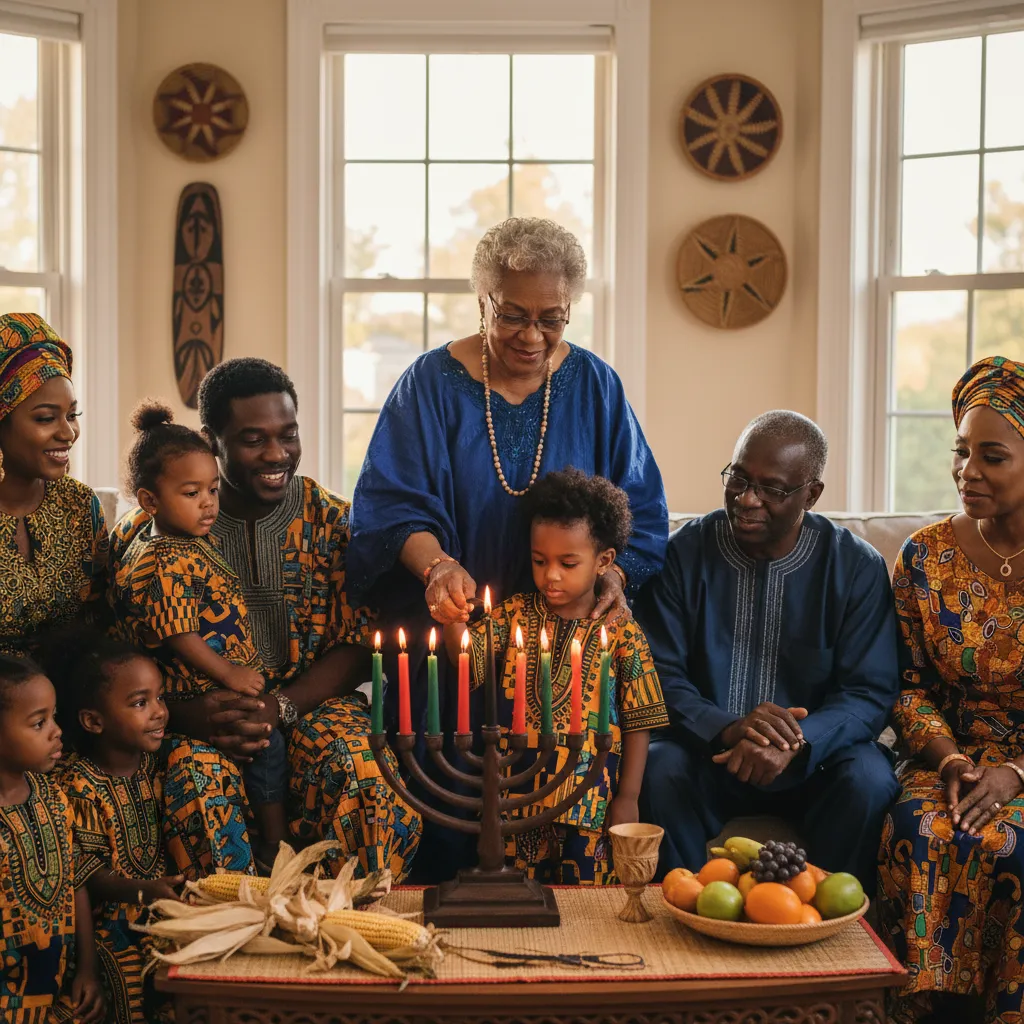 A Black family, including children and elders, participating in a Kwanzaa candle-lighting ceremony
