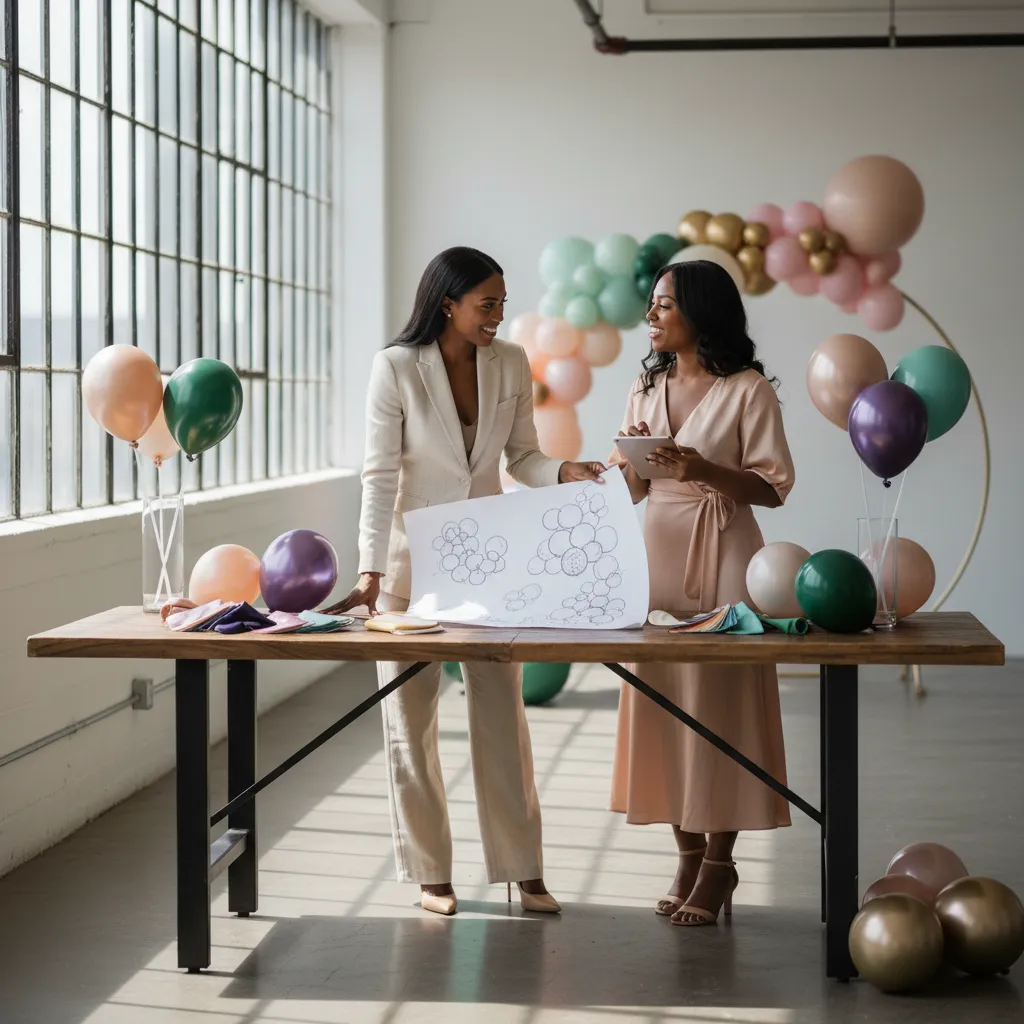 An elegant African American event planner reviewing sketches of a balloon installation with a client in a modern, sunlit studio
