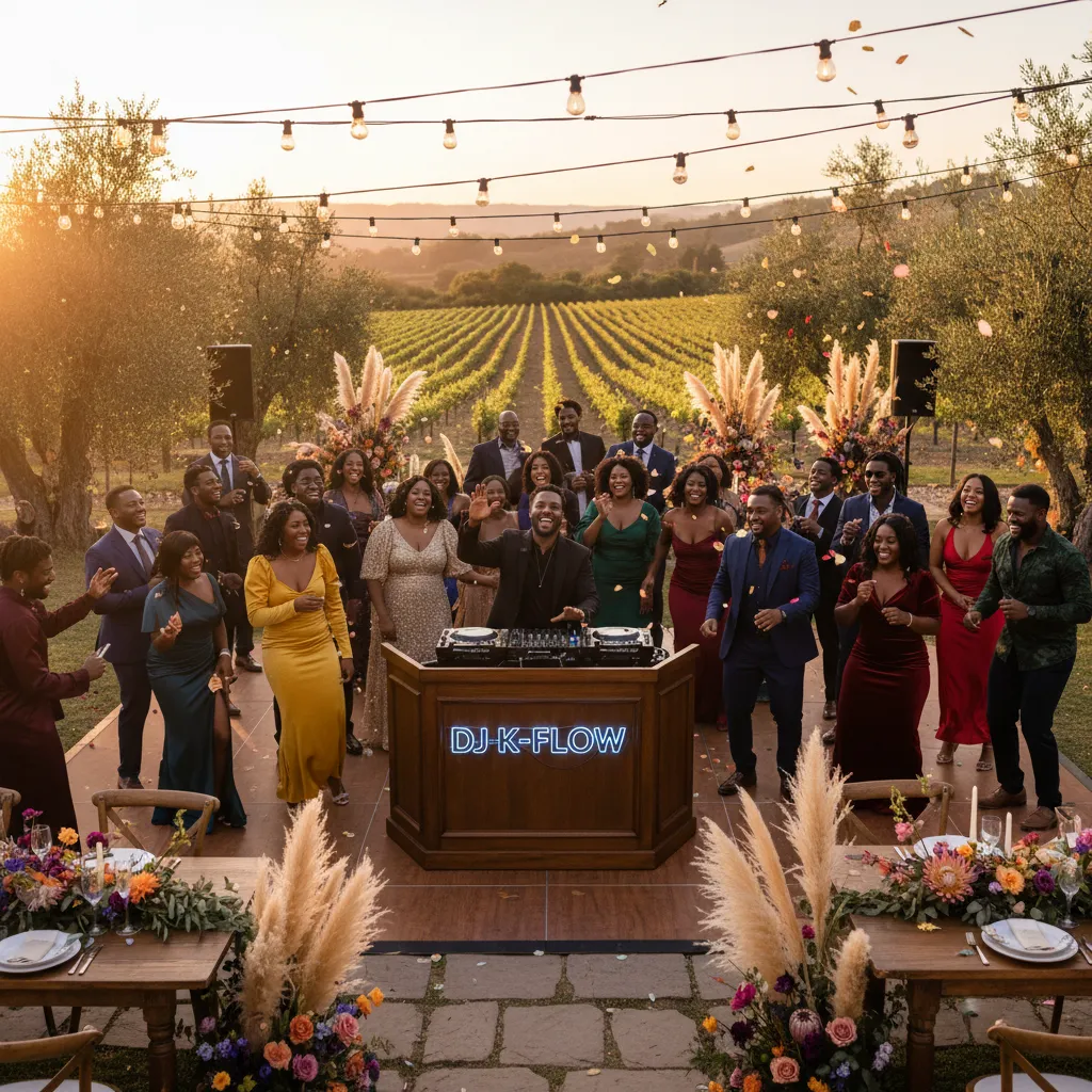 A vibrant outdoor wedding reception with joyful Black guests dancing to music provided by a Black DJ