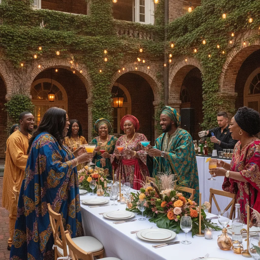 A diverse group of African American and Afro-Caribbean guests, dressed in elegant aso-ebi attire. The lighting is warm and inviting