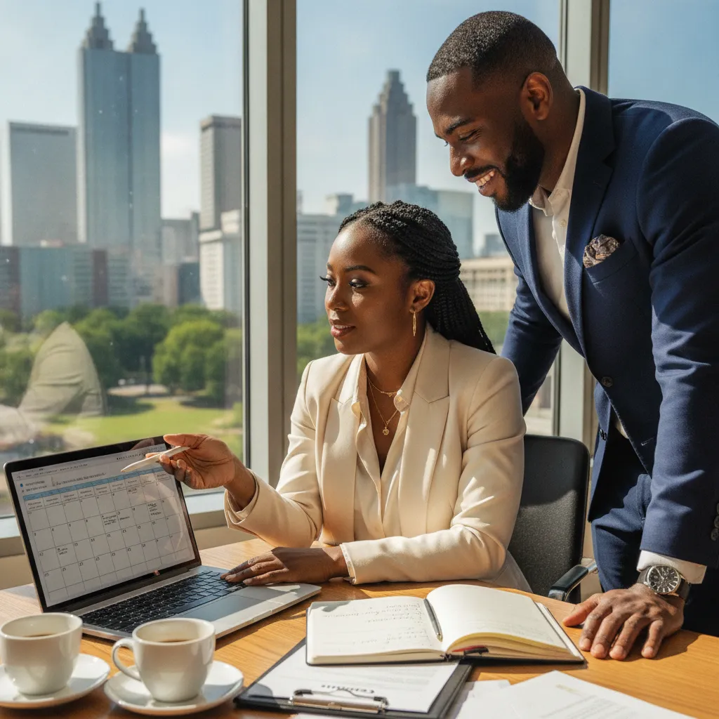 A Black female event planner is reviewing a detailed event timeline and contract with a professional Black male MC in a bright