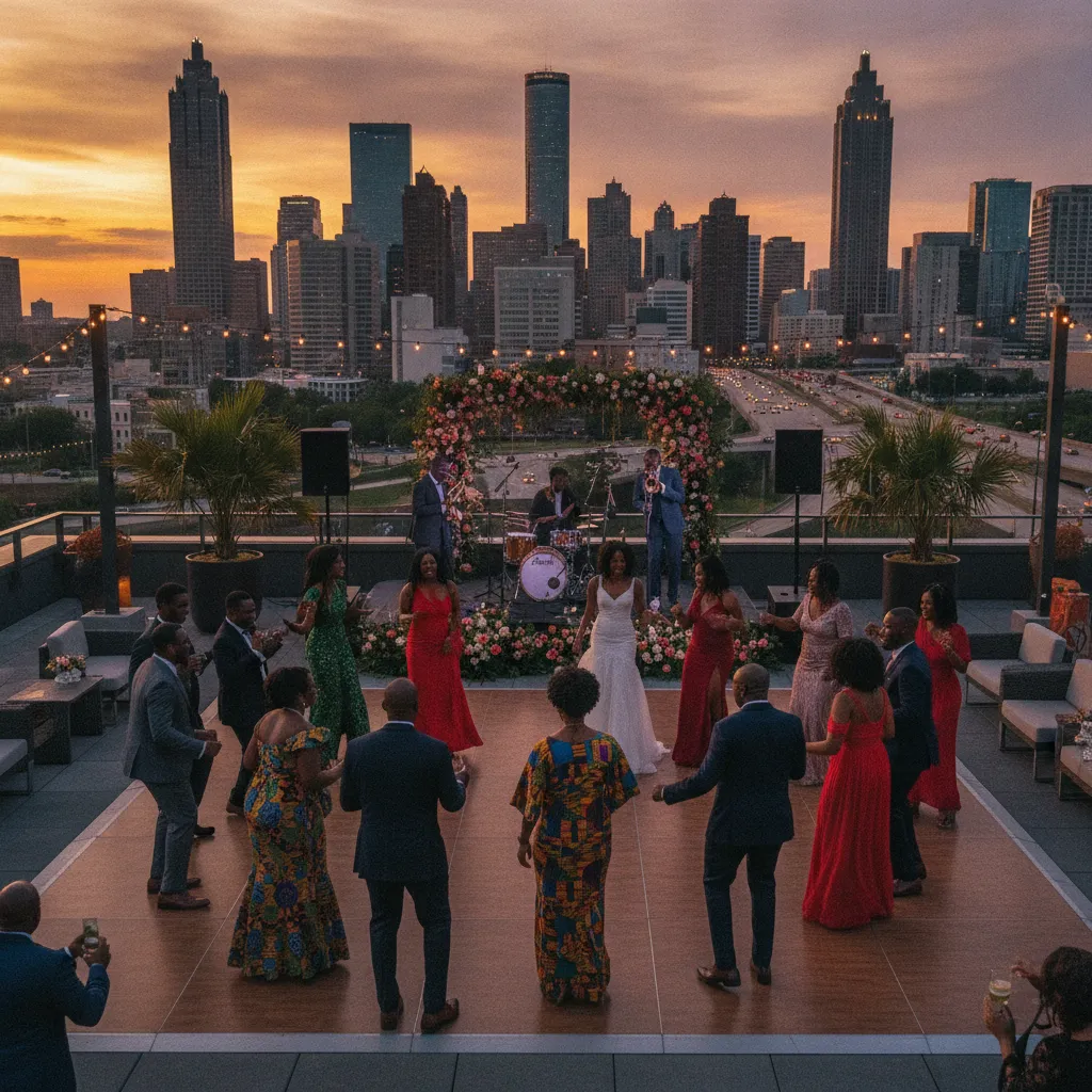 A vibrant African American wedding reception on a modern rooftop venue in Atlanta at sunset
