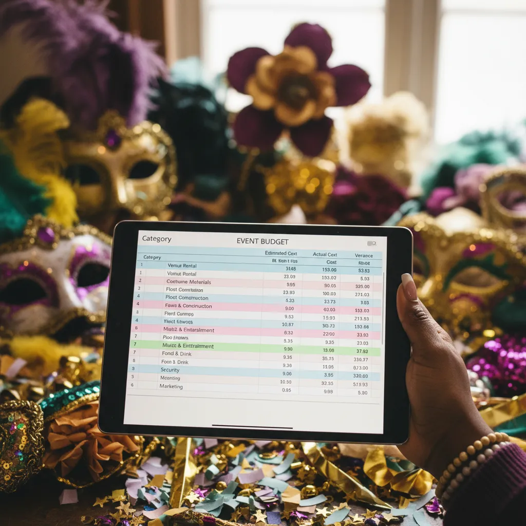 With various budget categories highlighted, against a blurred background of colorful Carnival decorations
