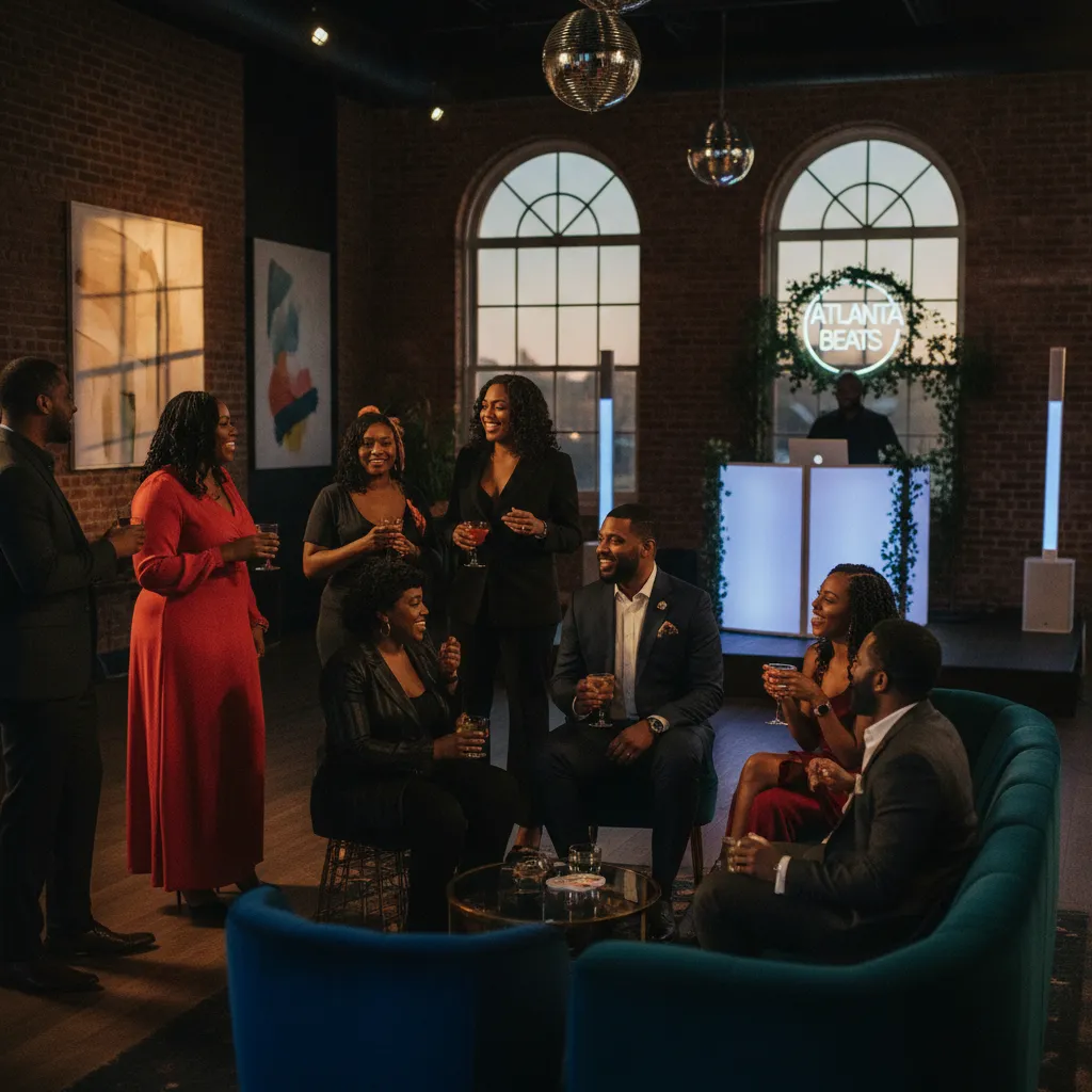 A group of Black and Afro-Caribbean guests, elegantly dressed, are laughing and mingling excitedly at a cocktail hour in a chic Atlanta venue, with a subtle DJ setup in the background