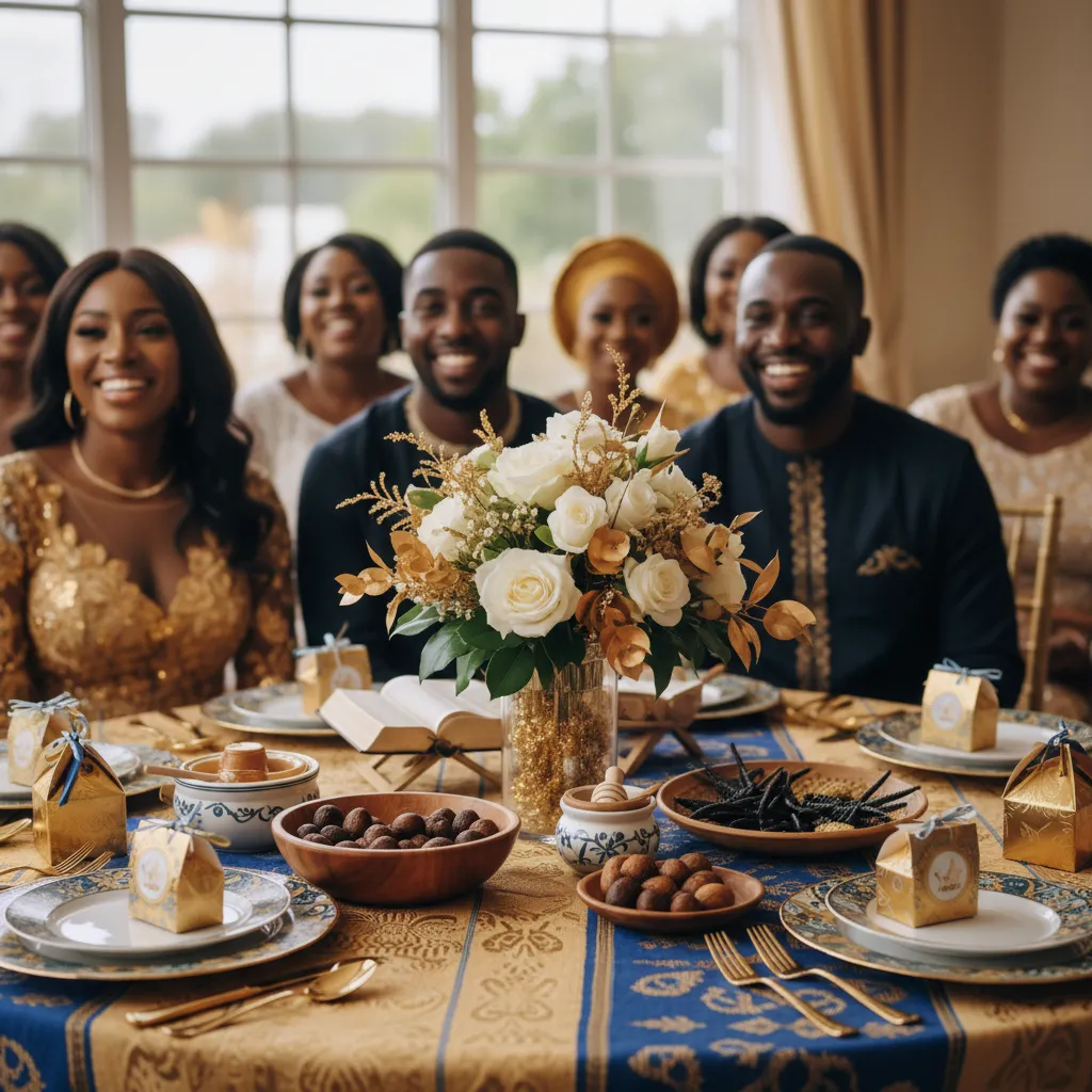 A beautifully decorated table at a Nigerian naming ceremony, featuring a vibrant gold and royal blue Aso-Oke tablecloth