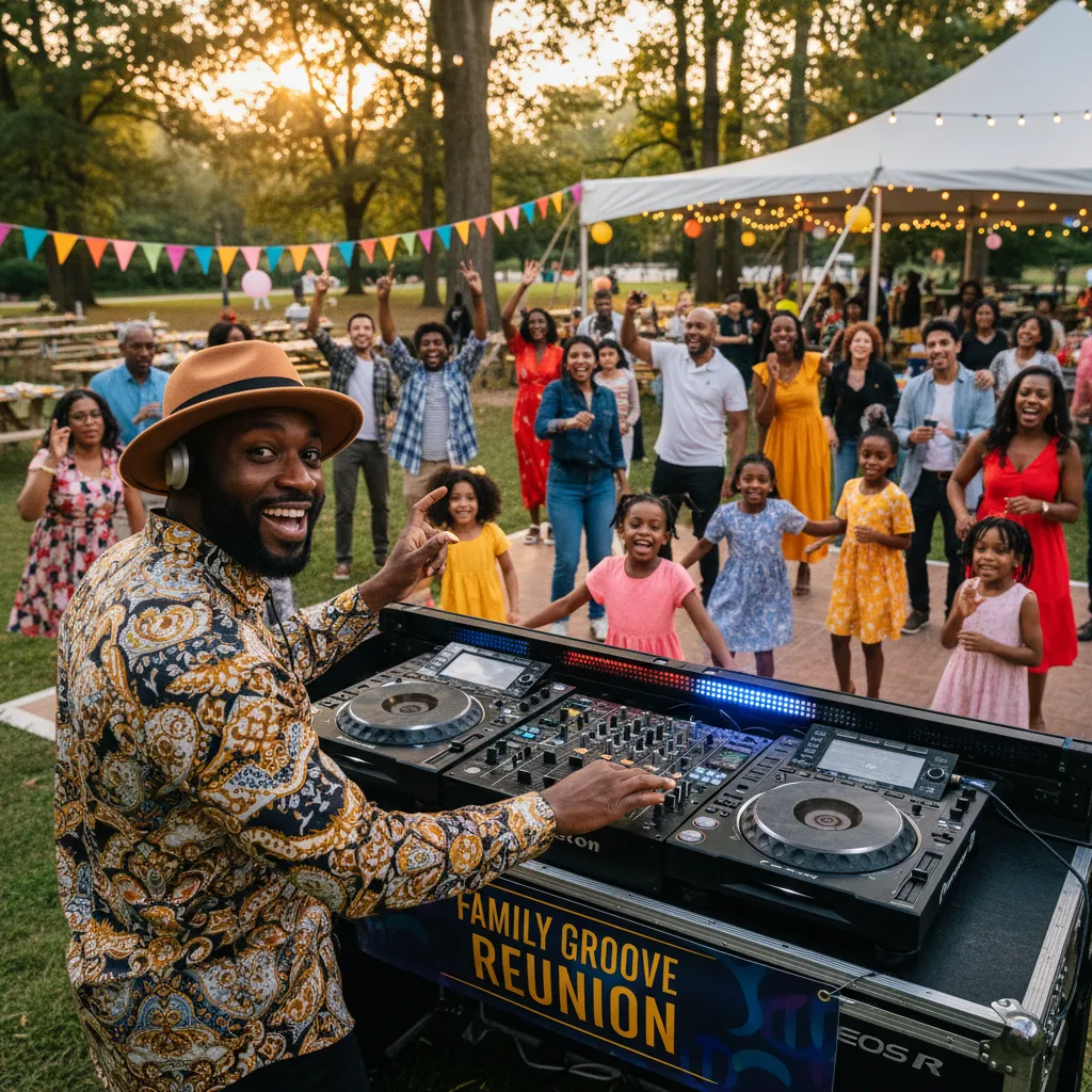 An African American DJ playing music at a lively family reunion, with guests of all ages dancing and enjoying themselves on a decorated dance floor.
