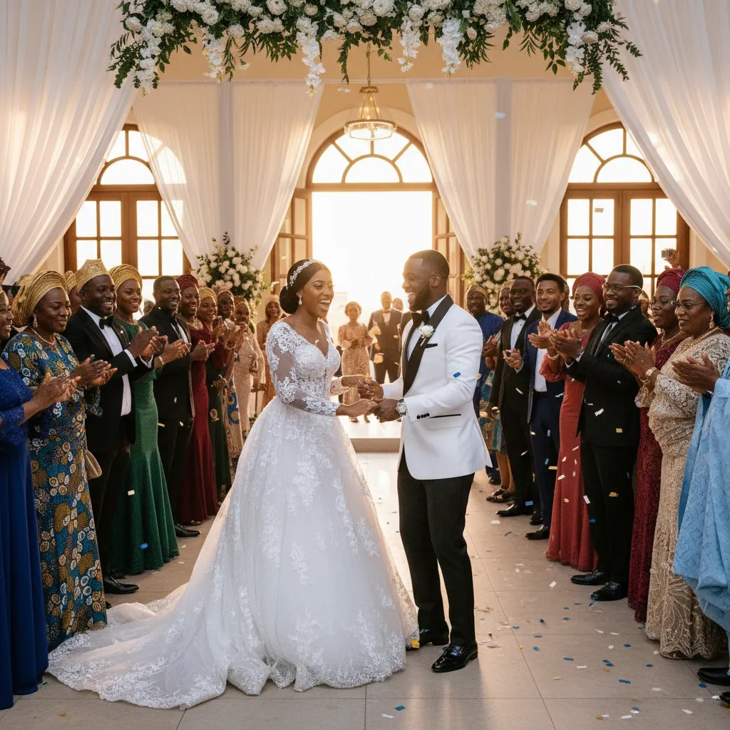 A Black couple in elegant white wedding attire, dancing joyfully at their reception