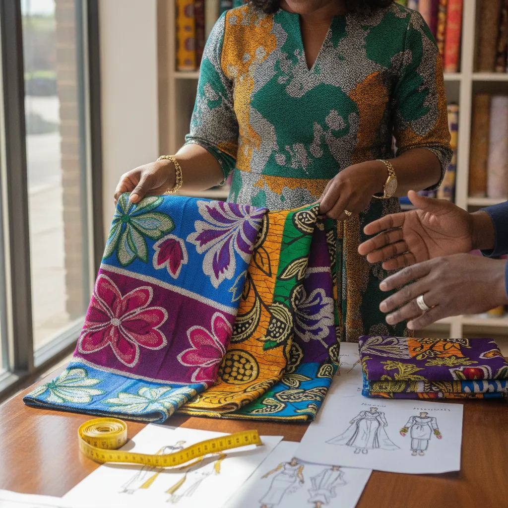 Intricately patterned aso-ebi fabrics, discussing options with a Black fabric vendor in a well-lit Atlanta boutique. A measuring tape and design sketches are visible on the table